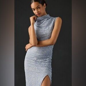 The Maya Ruched Cowl-Neck Dress - light blue lace